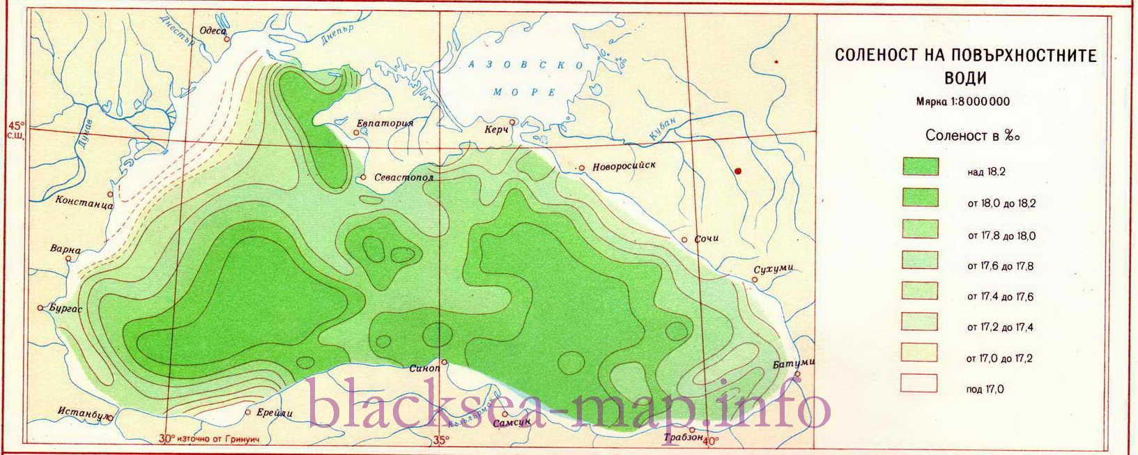 Карта солености воды в Черном море. Подробная карта солености воды на поверхности Черного моря, A0 - 